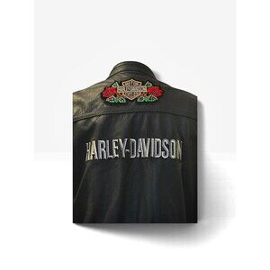Harley-Davidson Women’s M Black Leather Motorcycle Riding Jacket Roses Crystals